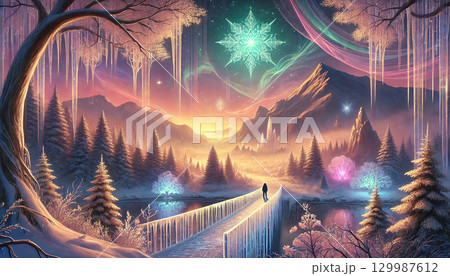 氷の橋を歩む旅人と魔法の星が輝く幻想的な冬の森と夕暮れの異世界風景 129987612