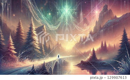 氷の橋を進む旅人と神秘の光が広がる幻想的な雪山と異世界の風景 129987613