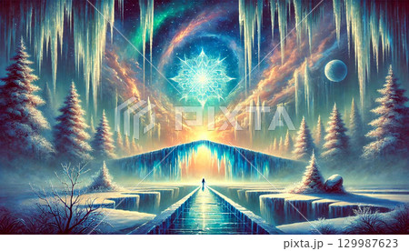 氷の橋を渡る先に広がる幻想的な星空と神秘の冬景色ファンタジーイラスト 129987623