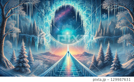 氷と星の門をくぐり天空の異世界へ続く幻想的な冬の橋と輝く銀世界の風景 129987631