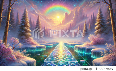 虹と朝日が輝く雪の森と魔法の氷橋が導く幻想的な冬のファンタジー風景 129987685