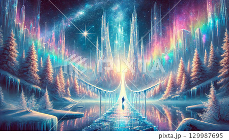 氷の吊り橋とオーロラが彩る幻想的な冬の森と光の異世界を進む人物の風景 129987695