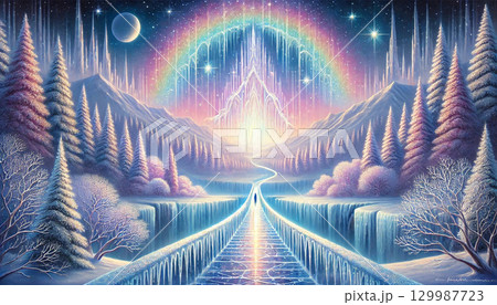 虹色に輝く氷の橋と幻想の宮殿が広がる冬のファンタジーランドスケープ 129987723
