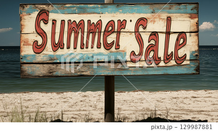 Retro summer sale sign on beach for seasonal promotion and marketing 129987881