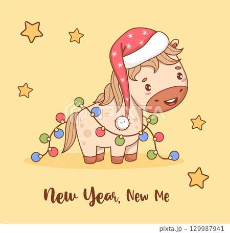 Cute Happy Christmas Horse in Santa hat with New Year Garland. Funny Festive kawaii animal. Symbol of year 2026 to Eastern calendar. Vector illustration. Holiday cool card. Not AI Cute Happy Christmas Horse in Santa hat with New Year Garland. Funny Festive kawaii animal. Symbol of year 2026 to Eastern calendar. Vector illustration. Holiday cool card. Not AI 129987941