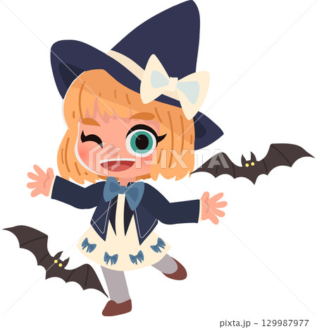 a cute witch girl in halloween costume with bats around her. perfect for halloween party and seasonal design a cute witch girl in halloween costume with bats around her. perfect for halloween party and seasonal design 129987977