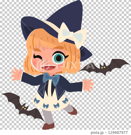 a cute witch girl in halloween costume with bats around her. perfect for halloween party and seasonal design a cute witch girl in halloween costume with bats around her. perfect for halloween party and seasonal design 129987977