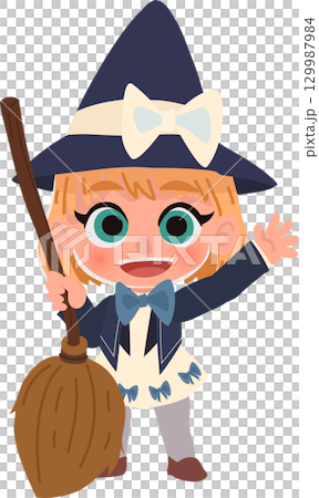 adorable child dressed as a witch holding a broom with a big smile. fantasy style. 129987984