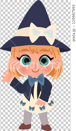 friendly cartoon witch girl waving in a cute fantasy costume design great for halloween festival 129987993