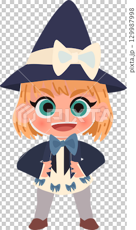halloween witch costume kawaii cartoon character illustration child dressed in wizard outfit with big hat 129987998