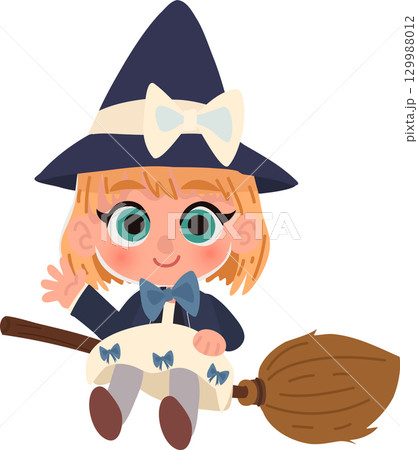 adorable witch cartoon child with big eyes waving while riding a magic broom halloween character adorable witch cartoon child with big eyes waving while riding a magic broom halloween character 129988012