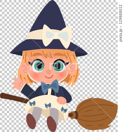 adorable witch cartoon child with big eyes waving while riding a magic broom halloween character 129988012