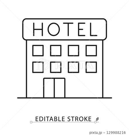Hotel line icon with editable stroke. Vector outline of building with windows and entrance. Minimalist symbol for accommodation, travel, tourism, hospitality, lodging, resort and service design. Hotel line icon with editable stroke. Vector outline of building with windows and entrance. Minimalist symbol for accommodation, travel, tourism, hospitality, lodging, resort and service design. 129988216