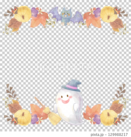 Watercolor Halloween frame with witch hat ghost and bat / cute Halloween character copy space 129988217