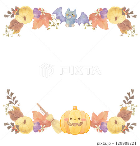 水彩風のハロウィンフレーム ジャックオランタンとコウモリ/かわいいおばけキャラクター コピースペース 129988221
