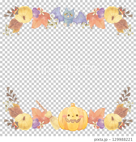水彩風のハロウィンフレーム ジャックオランタンとコウモリ/かわいいおばけキャラクター コピースペース 129988221