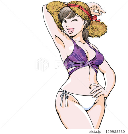 セクシーなポーズを決める水着姿の若い女性_上半身麦わら帽子 セクシーなポーズを決める水着姿の若い女性_上半身麦わら帽子 129988280