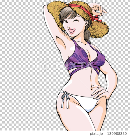 セクシーなポーズを決める水着姿の若い女性_上半身麦わら帽子 セクシーなポーズを決める水着姿の若い女性_上半身麦わら帽子 129988280