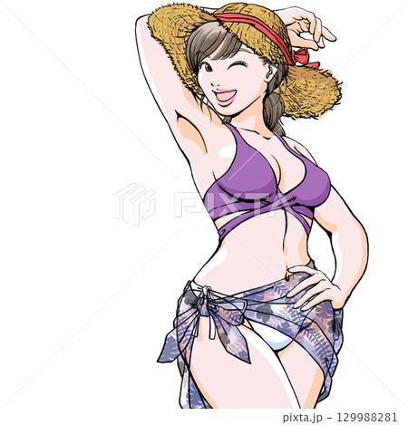 セクシーなポーズを決める水着姿の若い女性_上半身麦わらパレオ 129988281