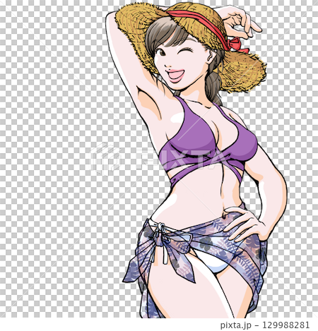 セクシーなポーズを決める水着姿の若い女性_上半身麦わらパレオ 129988281
