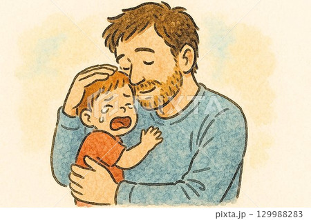 泣く子どもを抱っこしてあやすパパ 129988283