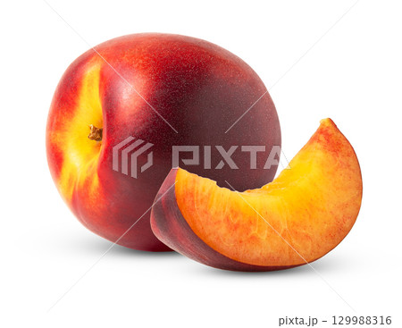 Whore ripe nectarine fruit and slice isolated. Nectarine peach with clipping path. 129988316
