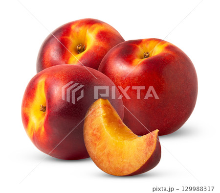 Fresh nectarine fruits and slice isolated. Nectarine peache and cut with clipping path.. 129988317