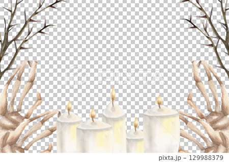Halloween scary gothic banner template with watercolor hand bones,thorn branches and white candles illustration. October festive creepy frame, human body parts and esoteric witchy elements for poster 129988379