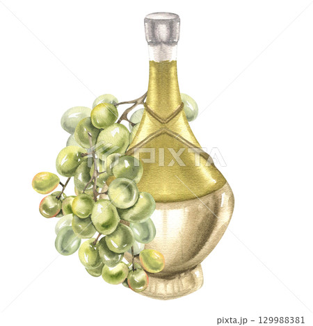 Wine glass bottle with green grapes watercolor illustration. Hand drawn isolated winery clipart with white wine, alcohol beverage and fruits clipart for wedding card,poster, packing,logo design Wine glass bottle with green grapes watercolor illustration. Hand drawn isolated winery clipart with white wine, alcohol beverage and fruits clipart for wedding card,poster, packing,logo design 129988381