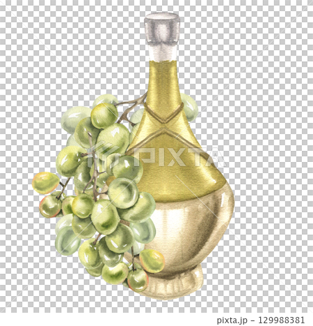 Wine glass bottle with green grapes watercolor illustration. Hand drawn isolated winery clipart with white wine, alcohol beverage and fruits clipart for wedding card,poster, packing,logo design Wine glass bottle with green grapes watercolor illustration. Hand drawn isolated winery clipart with white wine, alcohol beverage and fruits clipart for wedding card,poster, packing,logo design 129988381