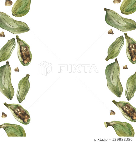 Cardamom spices watercolor banner with green pods and seed illustration. Hand drawn frame with fresh aroma condiment clipart, tea and sweet cooking rolls and loaf ingredient. Template for label,logo 129988386
