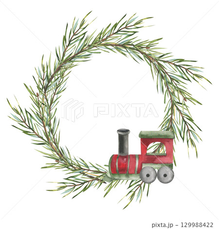 Christmas green floral wreath template with spruce branches and red train watercolor illustration. Hand drawn New year and winter season festive frame for greeting cad,poster,decor design Christmas green floral wreath template with spruce branches and red train watercolor illustration. Hand drawn New year and winter season festive frame for greeting cad,poster,decor design 129988422