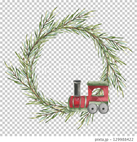 Christmas green floral wreath template with spruce branches and red train watercolor illustration. Hand drawn New year and winter season festive frame for greeting cad,poster,decor design Christmas green floral wreath template with spruce branches and red train watercolor illustration. Hand drawn New year and winter season festive frame for greeting cad,poster,decor design 129988422