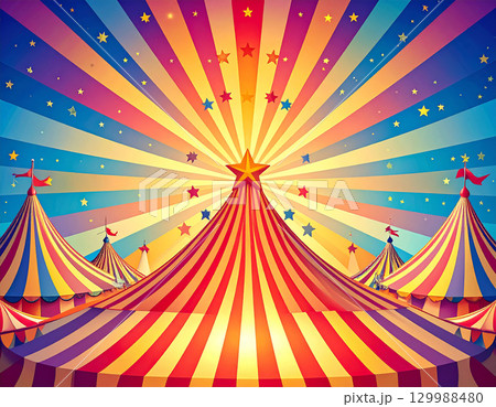 カラフルで賑やかな色彩と放射状に光が照らすサーカスのテント カラフルで賑やかな色彩と放射状に光が照らすサーカスのテント 129988480