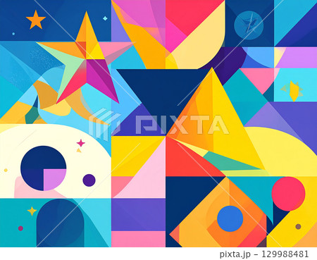 楽しい夜を彩るカラフルな星と幾何学模様のモダンな抽象画 楽しい夜を彩るカラフルな星と幾何学模様のモダンな抽象画 129988481