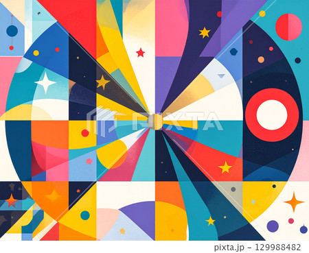 楽しい夜を彩るカラフルな星と幾何学模様のモダンな抽象画 楽しい夜を彩るカラフルな星と幾何学模様のモダンな抽象画 129988482