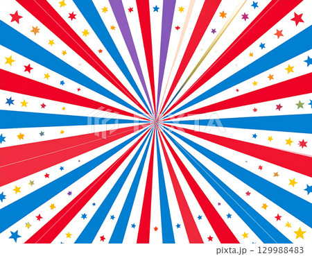 輝く星と躍動感あふれる赤と青のカラフルな放射状ストライプ 輝く星と躍動感あふれる赤と青のカラフルな放射状ストライプ 129988483