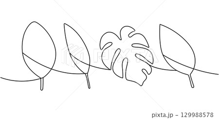 Minimalist continuous line drawing of assorted tropical leaves. Elegant botanical contour art for modern design and decor 129988578