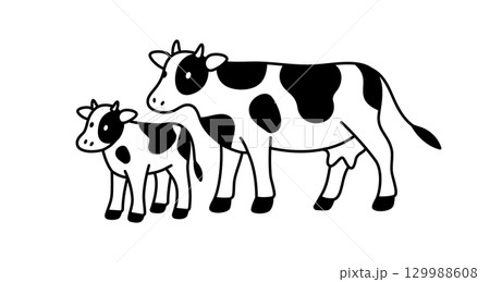 Mother and calf minimalist vector in black and white. Linear flat style of dairy cows for family farm and natural milk themes Mother and calf minimalist vector in black and white. Linear flat style of dairy cows for family farm and natural milk themes 129988608