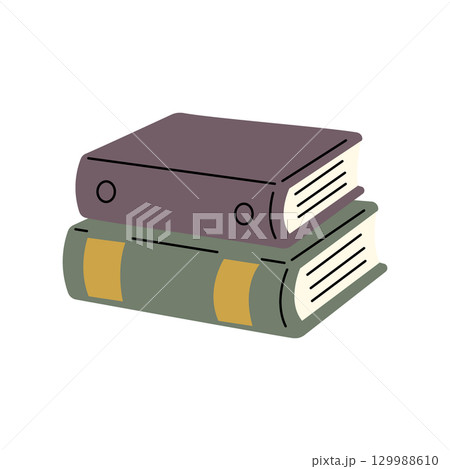 Two stacked vintage books with thick covers, purple and green tones. Flat design for education or history themes 129988610