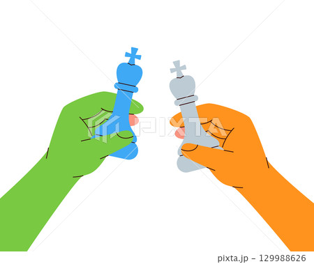 Two colorful hands holding opposing kings showing rivalry, competition and the balance of chess power 129988626