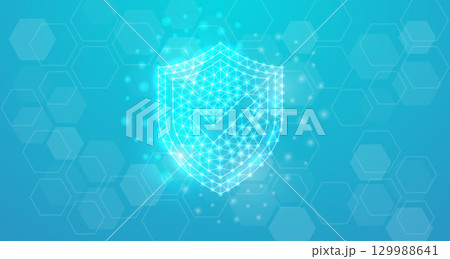 Shield with check mark low poly symbol with white connected dots. Antivirus geometric polygonal. Internet safety design vector illustration. 129988641
