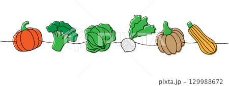 Pumpkin, broccoli, cabbage, fresh turnip, zucchini one line colored continuous drawing. Fresh organic vegetables. Vector illustration Pumpkin, broccoli, cabbage, fresh turnip, zucchini one line colored continuous drawing. Fresh organic vegetables. Vector illustration 129988672