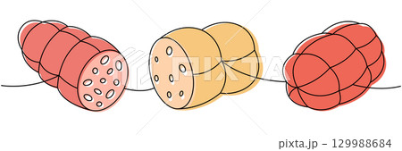 Raw sausage, meat sausage, traditional sausage one line colored continuous drawing. Butchery menu. Vector illustration 129988684