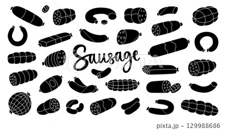 Black sausages set. Fresh raw sausages. Butchery menu design template for food market, ecommerce, products promotion. Vector illustration. Black sausages set. Fresh raw sausages. Butchery menu design template for food market, ecommerce, products promotion. Vector illustration. 129988686