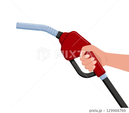 Realistic fuel nozzle in human hand. Fueling pistol for petrol or gasoline fill, oil handle pump dispenser, ethanol biodiesel refuel station. Vector illustration. Realistic fuel nozzle in human hand. Fueling pistol for petrol or gasoline fill, oil handle pump dispenser, ethanol biodiesel refuel station. Vector illustration. 129988760