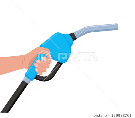 Realistic fuel nozzle in human hand. Fueling pistol for petrol or gasoline fill, oil handle pump dispenser, ethanol biodiesel refuel station. Vector illustration. Realistic fuel nozzle in human hand. Fueling pistol for petrol or gasoline fill, oil handle pump dispenser, ethanol biodiesel refuel station. Vector illustration. 129988761