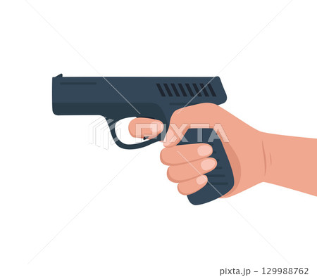 The hand holds the gun. The hand shoots the pistol with bullets. Flat design, vector illustration 129988762
