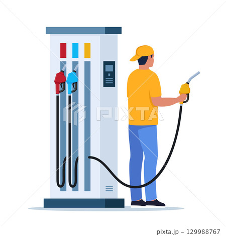 Man worker in gas station uniform pouring tank of car driver, petrol gasoline pump fuel transportation oil refuel biofuel automobile, splendid. Vector illustration. Man worker in gas station uniform pouring tank of car driver, petrol gasoline pump fuel transportation oil refuel biofuel automobile, splendid. Vector illustration. 129988767