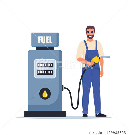 Man worker in gas station uniform pouring tank of car driver, petrol gasoline pump fuel transportation oil refuel biofuel automobile, splendid. Vector illustration. 129988768
